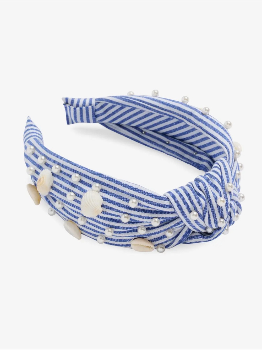 458. Shiraleah Blue & White Striped Knotted Headband with Pearls & Shells